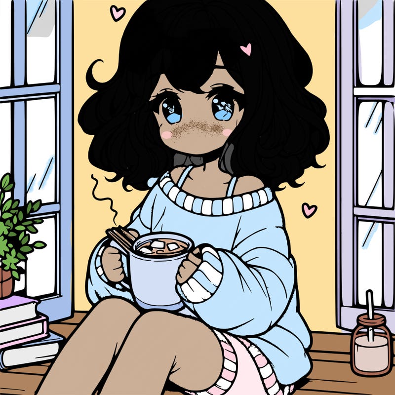 cute anime girl reading book and drinking hot chocolate from mug with loose wavy hair wearing a baggy sweatshirt and shorts sitting by windowsill looking out