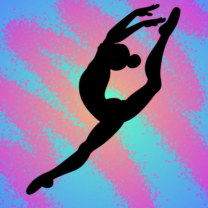 gymnast doing a leap in a leotard with a bent back leg