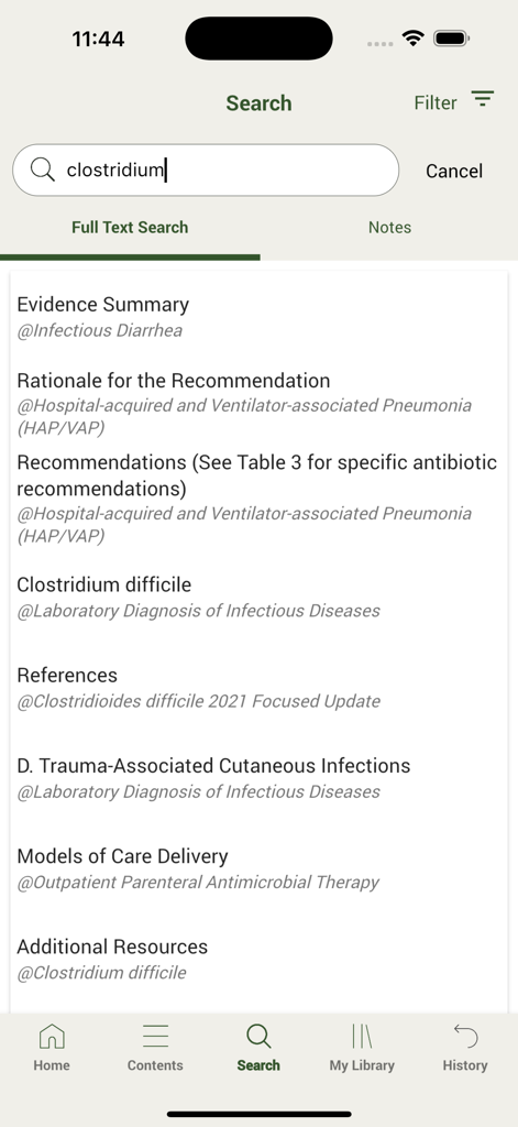 Mobile app interface showing search results for Clostridium within the IDSA Practice Guidelines