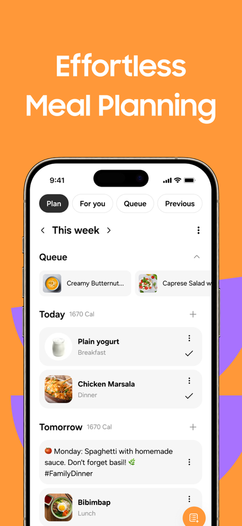 Samsung Food app interface showing a weekly meal plan with recipes and daily calorie goals