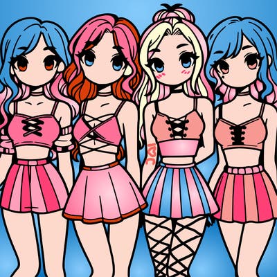 four girls with crop tops and skirts