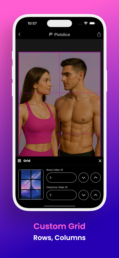 Pixislice - Image Splitter - Pixislice app interface for creating a custom photo grid with adjustable rows and columns.