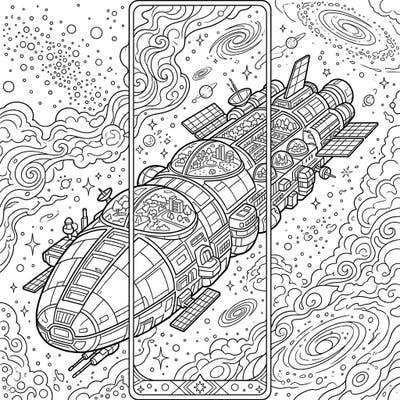 Embark on a grand cosmic voyage with this intricate generation ship coloring page, perfectly designed as a bookmark. Discover a self-sustaining world floating through space, surrounded by swirling galaxies and stars, ready for your creative touch.