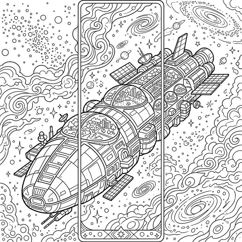 Embark on a grand cosmic voyage with this intricate generation ship coloring page, perfectly designed as a bookmark. Discover a self-sustaining world floating through space, surrounded by swirling galaxies and stars, ready for your creative touch.