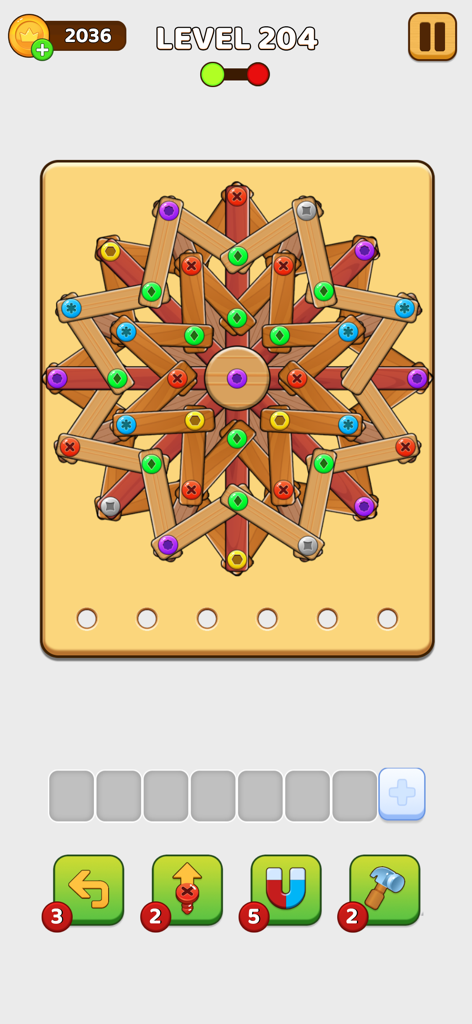 Capture d'écran du gameplay montrant un puzzle mécanique complexe avec des vis colorées et des barres en bois disposées en cercle.