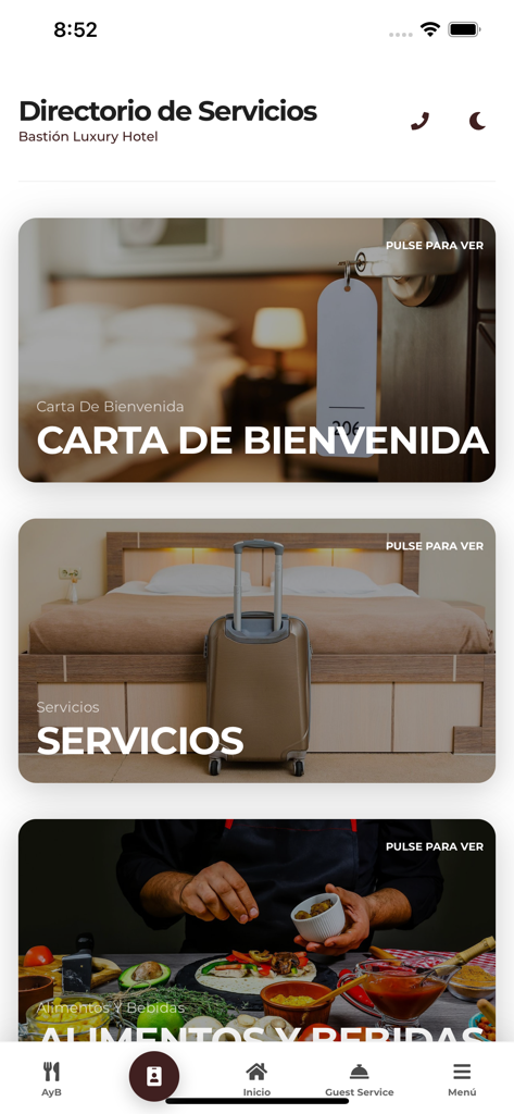 GHL Plus - Pantalla del directorio de servicios del hotel de la aplicación GHL Plus para Bastion Luxury Hotel con opciones de cartas de bienvenida, servicios y comidas y bebidas
