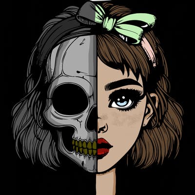 realistic girl with half skull mask