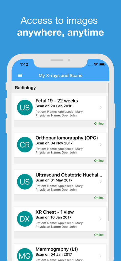 Radiology Tasmania Patient - List of radiology scan results in the Radiology Tasmania Patient app
