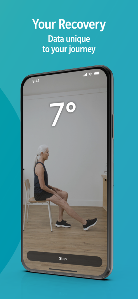 mymobility Patient App - Un paciente realizando un ejercicio de rehabilitación con la aplicación mymobility rastreando el rango de movimiento.