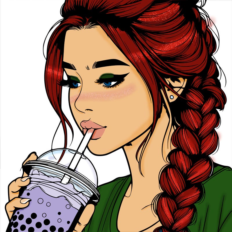 realistic girl drinking boba tea with braided hair