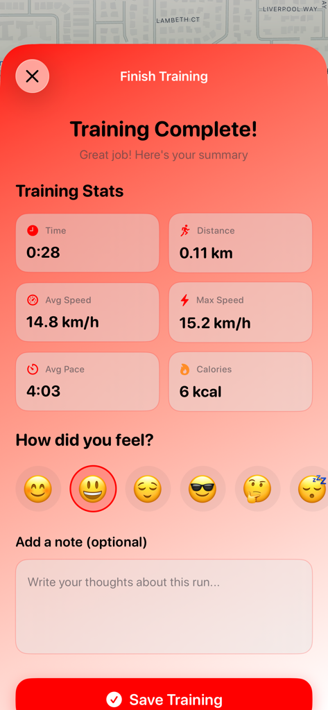 Run Lеft - Pantalla de resumen post-entrenamiento de la aplicación Run Left con estadísticas de entrenamiento y un registro emocional con emojis.