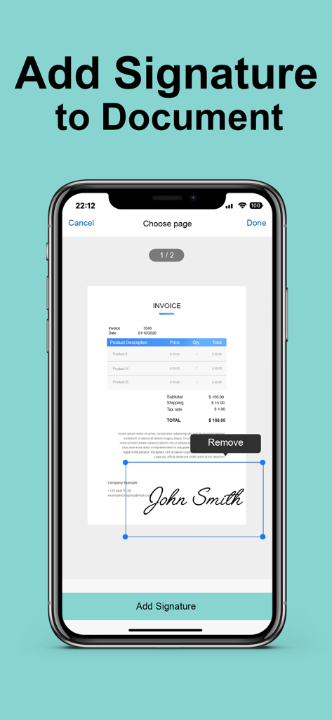 Smartphone screen showing a digital signature being added to a document in the True Scanner app