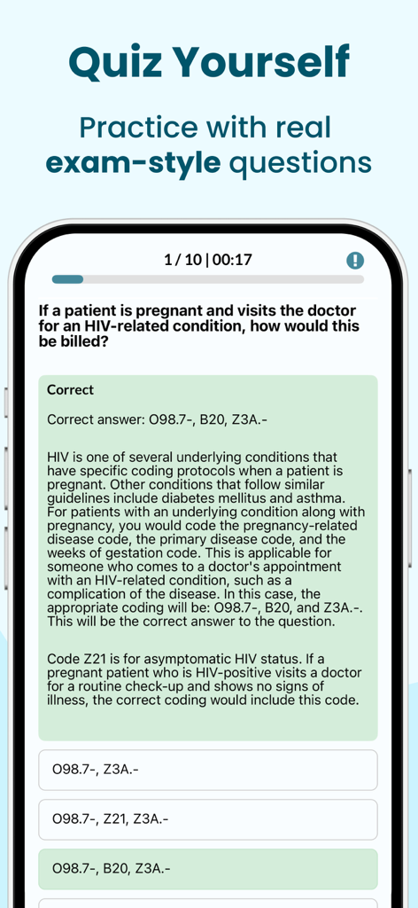 Medical Coding - CPC Exam Prep - Pantalla de smartphone que muestra una pregunta de práctica para el examen CPC con una explicación detallada de una respuesta correcta sobre las directrices de codificación de embarazo y VIH.