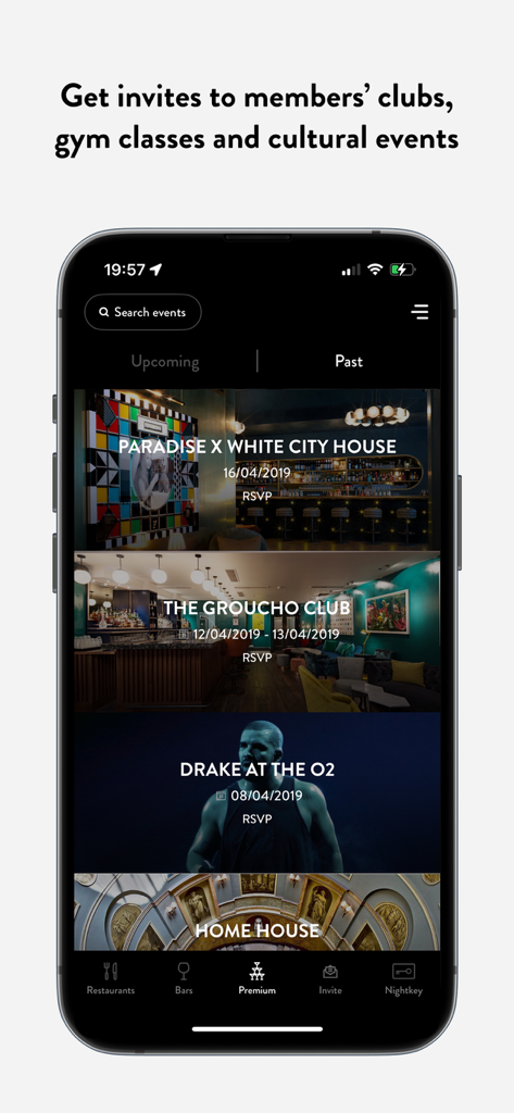 Nightkey: Exclusive Offers - Nightkey app screen displaying exclusive invites to members clubs gym classes and cultural events