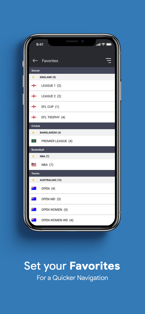 Sportus - Sportus mobile app screenshot showing the Favorites screen with soccer basketball and tennis leagues for quick navigation