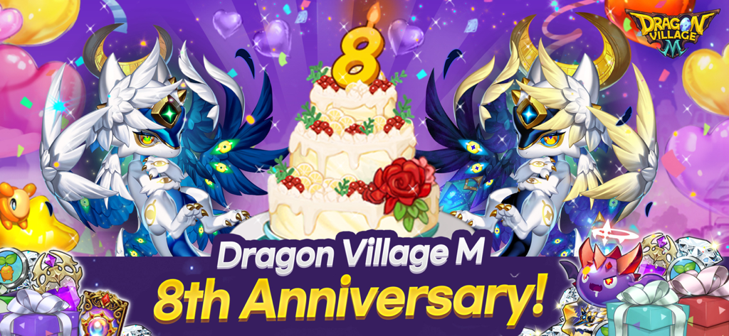 Célébration du 8ème anniversaire de Dragon Village M avec un gâteau d'anniversaire et des dragons fantastiques