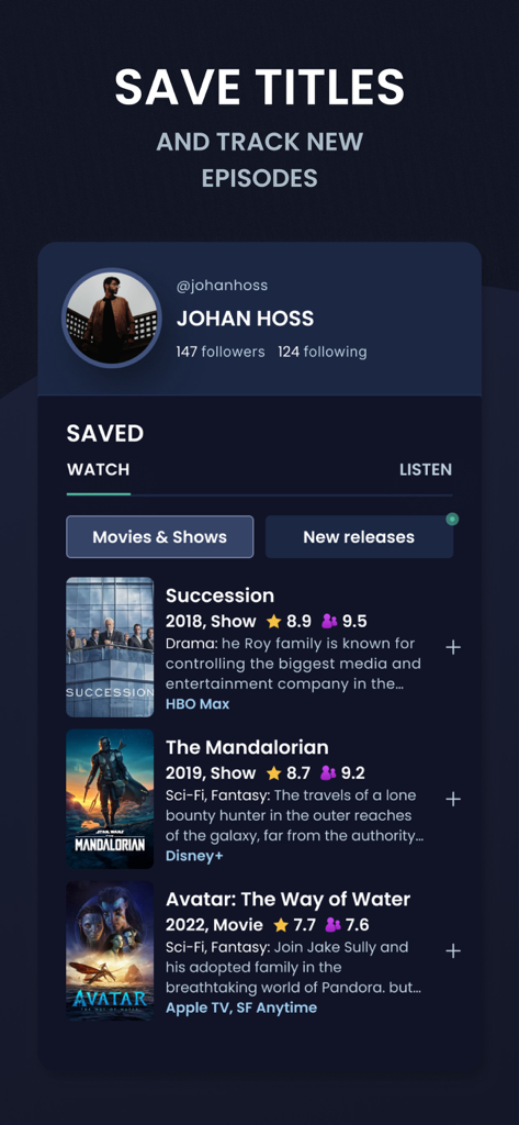 PlayPilot - A user profile on PlayPilot showing saved movies and TV shows including Succession and The Mandalorian with ratings and streaming options