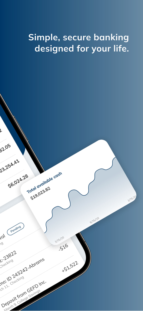Interface do aplicativo Beacon Bank Mobile com um gráfico de insights financeiros e saldo de caixa disponível