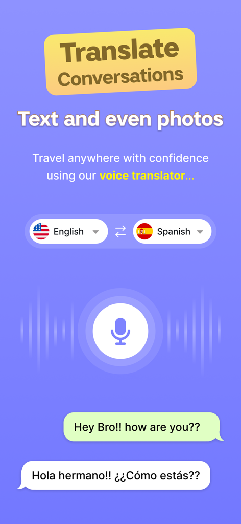 All Translate AI: Voice, Text - Interface of All Translate AI app showing voice translation between English and Spanish