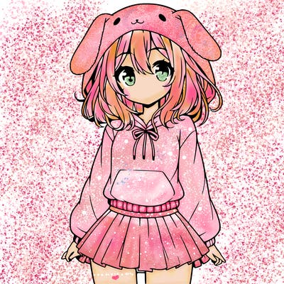 pretty anime girl wearing a fluffy hoodie with bunny ears on the hood and a skirt