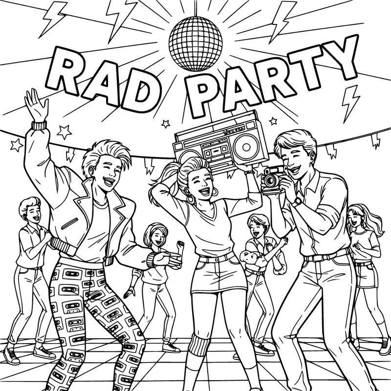 a group of teenagers at a school party with an 80s theme.  they are laughing, dancing, posing for pictures