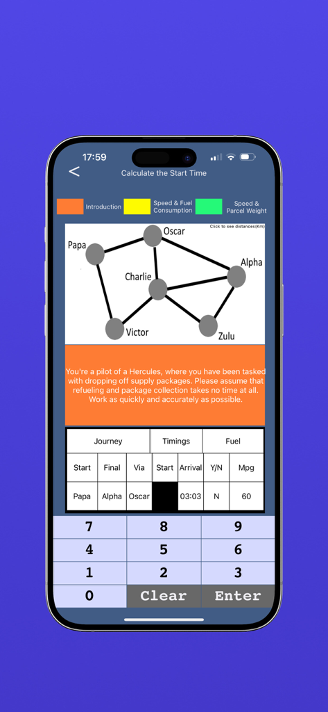 CBAT - CBAT app showing a pilot selection test screen with a journey map and calculation table for aptitude training