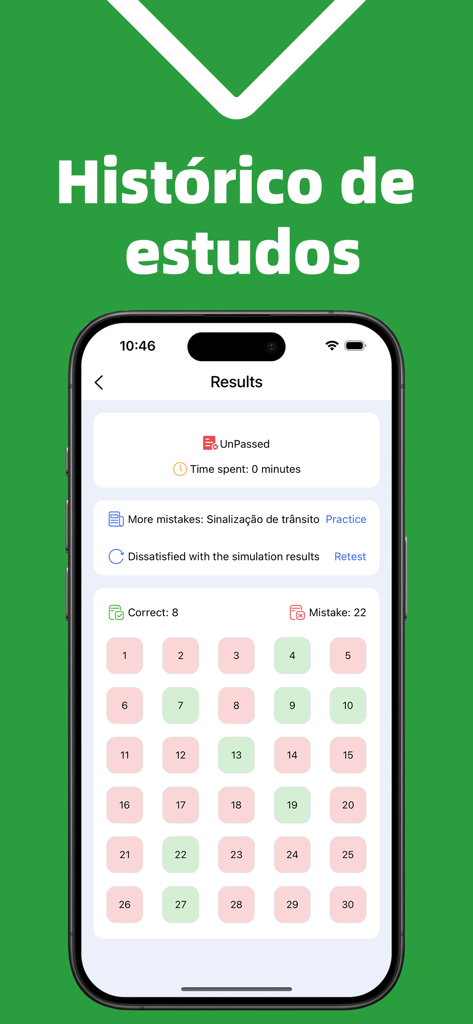 Simulado Detran CNH Prova 2026 - Tela do aplicativo Simulado Detran CNH mostrando resultados e histórico de estudos para um exame de direção simulado.