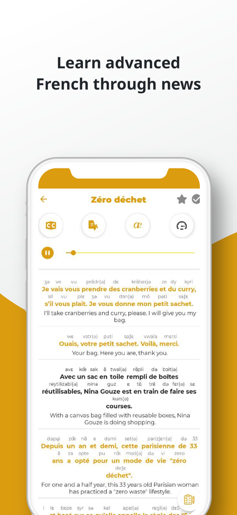 French ー Listening・Speaking - Interface of the French language learning app showing advanced listening exercises based on news articles