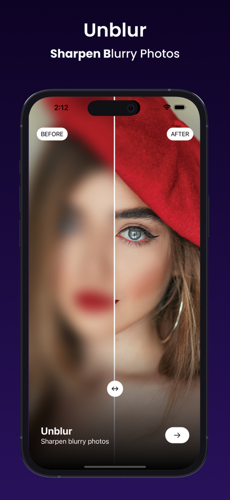 Ai Photo Retouch -Video Editor - Confronto prima e dopo che mostra la funzione di nitidezza e anti-sfocatura AI su un ritratto.