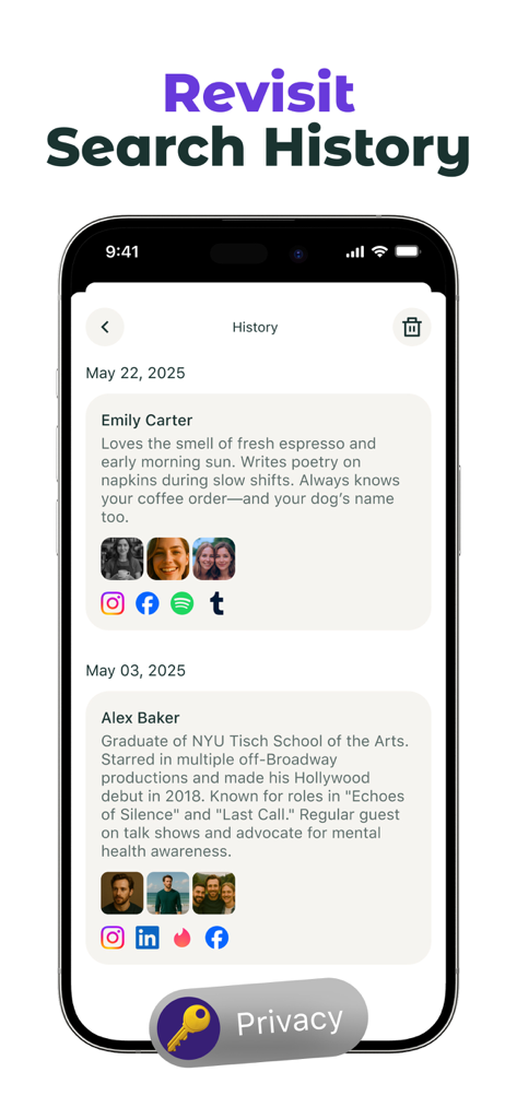 DeepSearch mobile app screen displaying a list of past search results with summarized profiles and social media icons