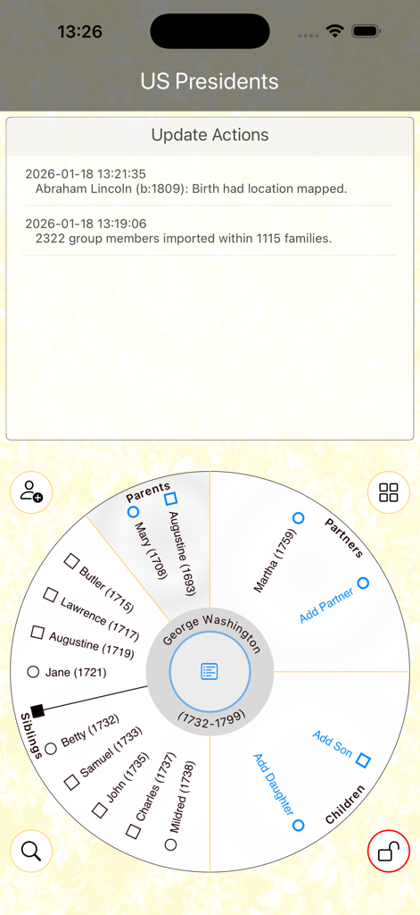 Forebears App-Oberfläche mit Wonder Wheel-Navigation für George Washington und einem Protokoll der letzten Aktualisierungsaktionen.