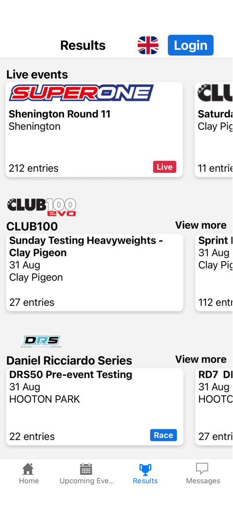 Alpha Racehub - Alpha Racehub app results screen displaying live karting event details and race entries