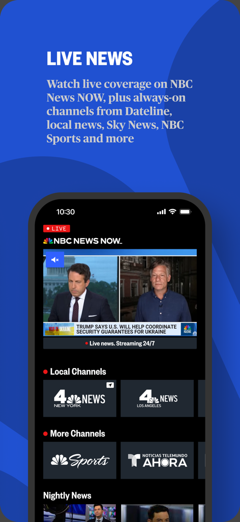 NBC News: Breaking & US News - Interfaz de la aplicación NBC News que muestra transmisión de noticias en vivo con canales locales y especializados.