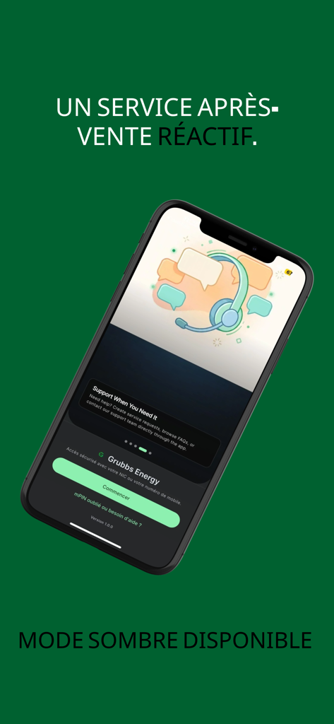 Grubbs Energy - Grubbs Energy app interface featuring dark mode and reactive customer support options