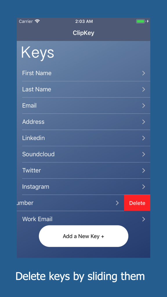 Managing and deleting custom keyboard keys for phrases like email and address in the ClipKey app