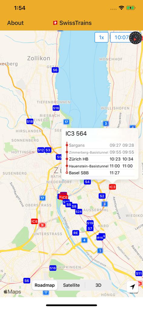 SwissTrains - SwissTrains app showing a map with real-time train locations and a detailed schedule for an InterCity train near Zurich
