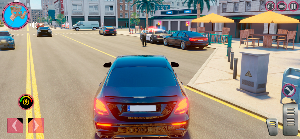 Third-person gameplay view of a black car driving through a city street in Car Simulator Multiplayer 2026