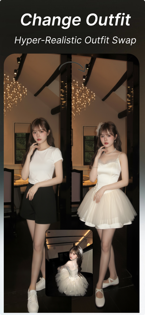 Fotee - 视频转照片高清截图实况截取视频抽帧截图 - Before and after comparison of a woman using the Fotee app AI outfit change feature to swap a casual shirt for an elegant dress