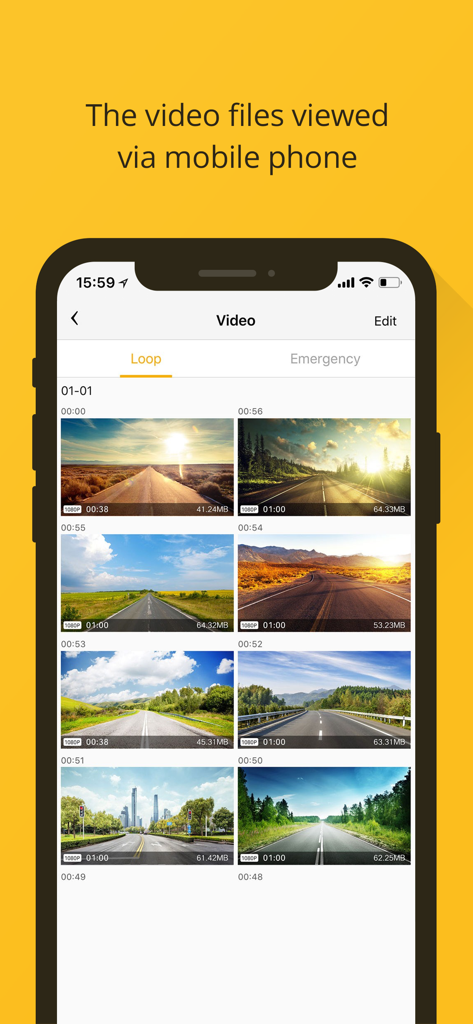 360 Dash Cam - Un smartphone que muestra una cuadrícula de metraje de conducción grabado en la pantalla de gestión de video de la aplicación 360 Dash Cam.