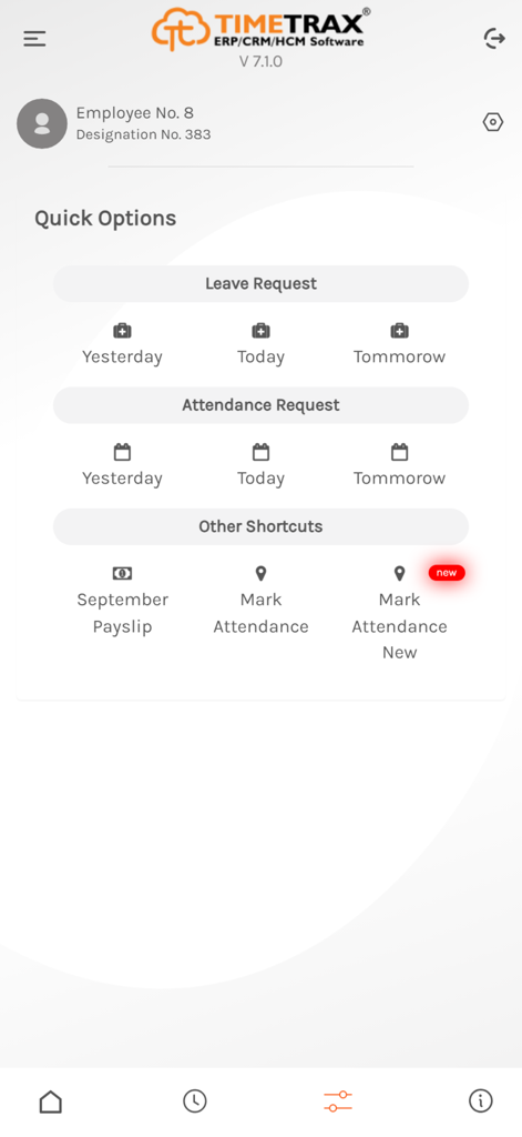 TimeTrax mobile app interface showing quick options for leave requests, attendance tracking, and payslip access.