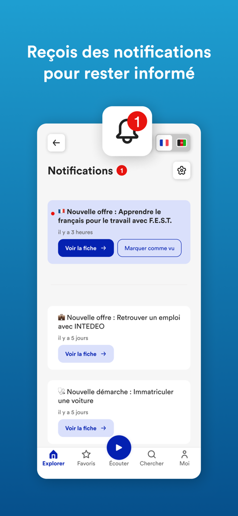 Réfugiés.info - Mobile app screen showing a list of notifications for learning French, finding employment, and administrative procedures
