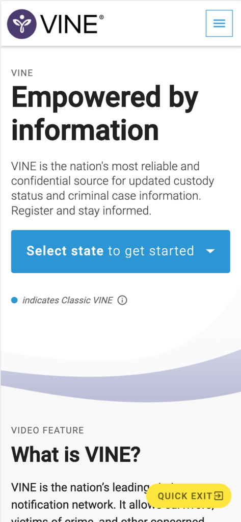 VINELink - VINELink mobile app home screen featuring the Empowered by Information headline and a state selection dropdown menu
