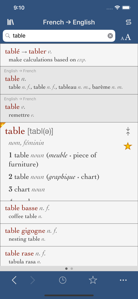 Ultralingua - Ultralingua mobile app interface showing French to English dictionary search results for the word table