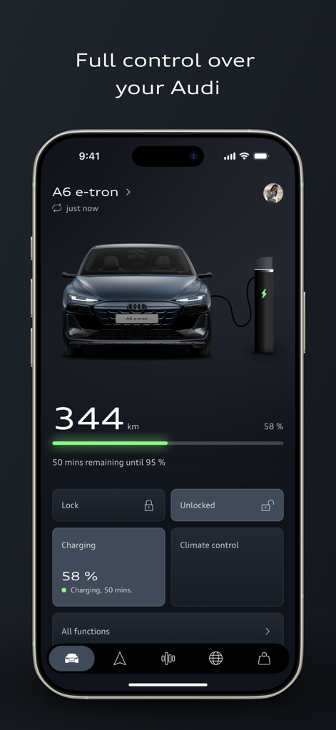 myAudi app dashboard showing charging status and remote vehicle controls