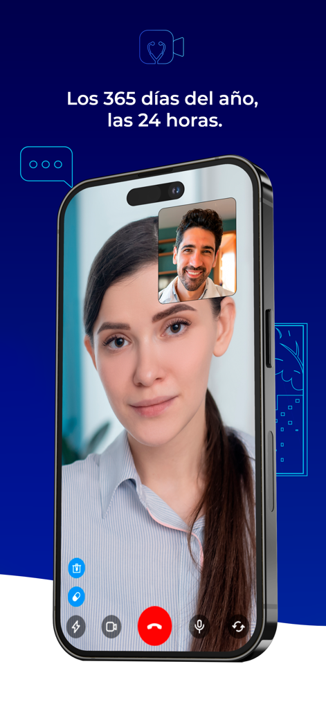 A mobile screen showing a video medical consultation on the MIDOCONLINE app with text stating 24/7 availability 365 days a year.