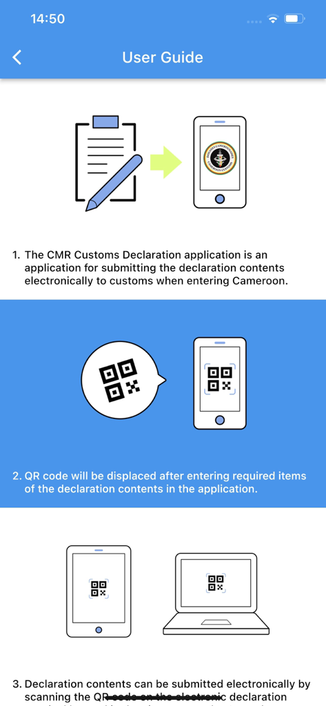 Guide d'utilisation étape par étape pour l'application de déclaration en douane CMR montrant comment soumettre des formulaires électroniques et générer un code QR pour les terminaux d'aéroport.