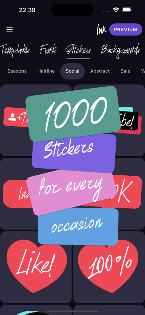 Más de 1000 pegatinas escritas a mano para publicaciones en redes sociales en la aplicación Ink.