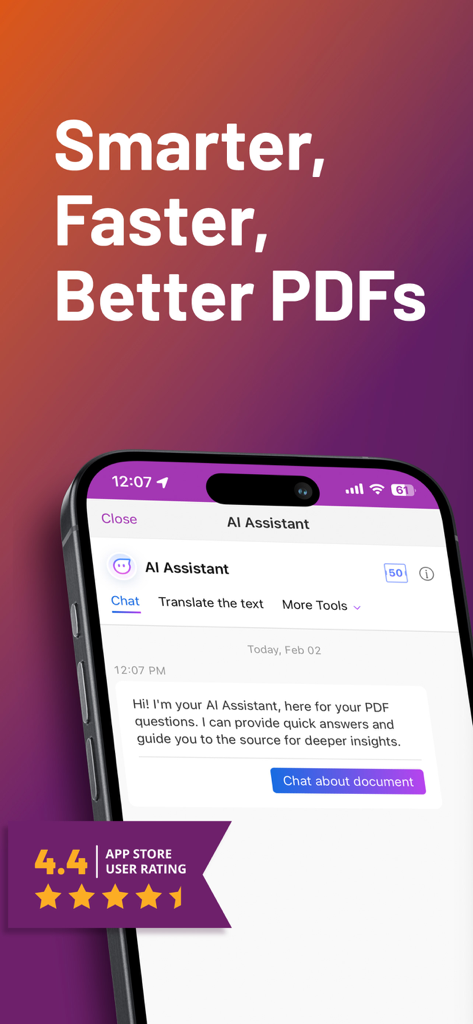 Foxit PDF Editor - Foxit PDF Editor app screenshot featuring AI Assistant chat interface and a four point four star user rating