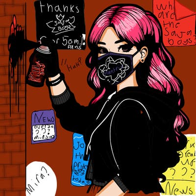 realistic girl with mask spray painting a wall