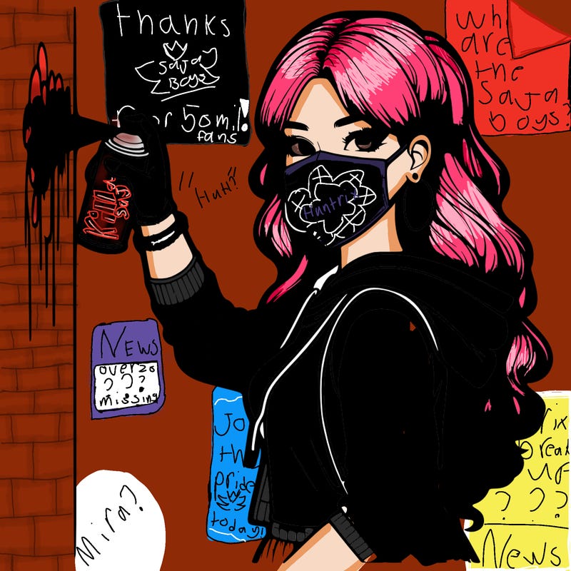 realistic girl with mask spray painting a wall